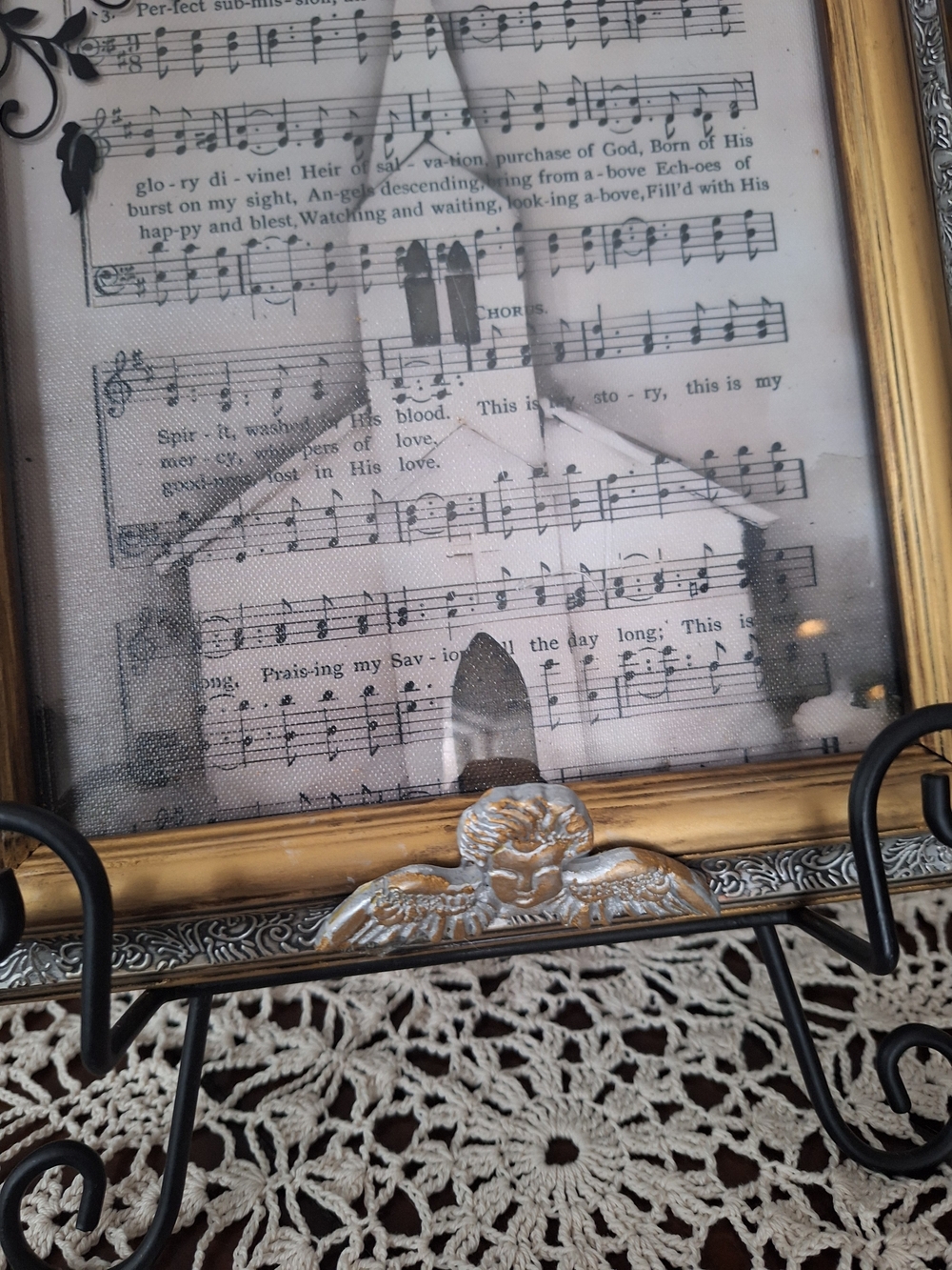 Gold and Silver Framed Sheet Music Wall Accent with Cherub Detail